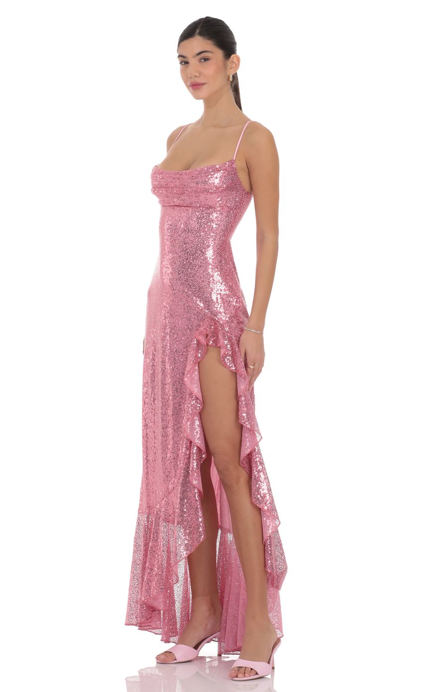 Lucy In The Sky Sequin Ruffle Maxi Dress in Pink
