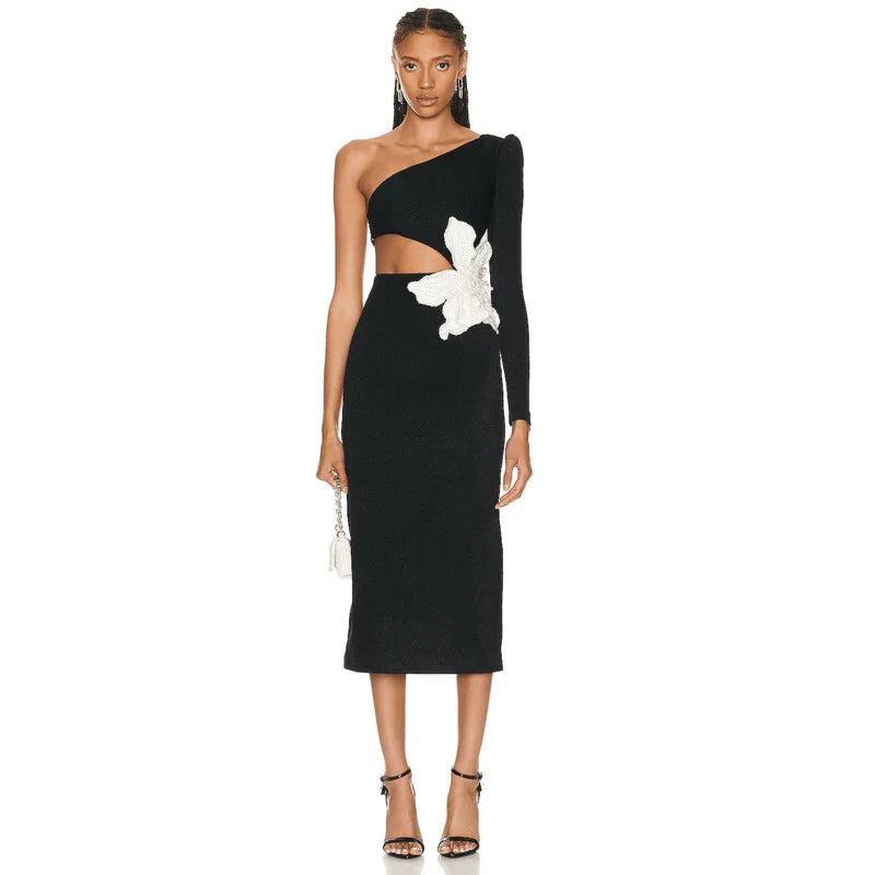 Mermaid Way French Kiss One Shoulder Flower Applique Midi Dress