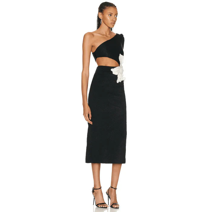 *French Kiss One Shoulder Flower Applique Midi Dress