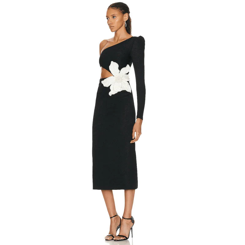 Mermaid Way French Kiss One Shoulder Flower Applique Midi Dress