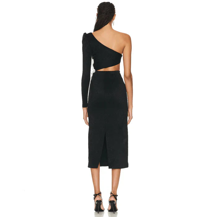 *French Kiss One Shoulder Flower Applique Midi Dress