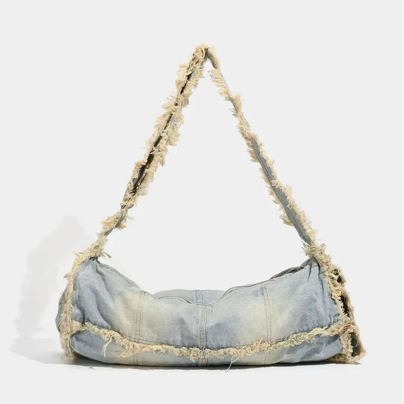 Mermaid Way Fringe Baguette Denim Shoulder Bag