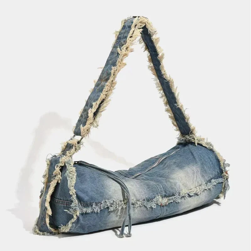 Mermaid Way Fringe Baguette Denim Shoulder Bag