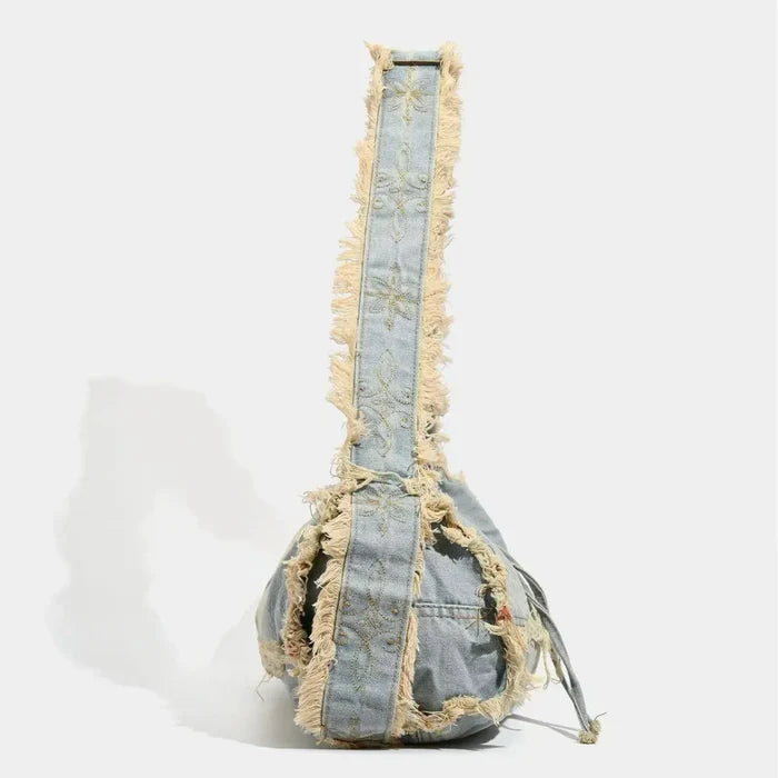 *Fringe Baguette Denim Shoulder Bag