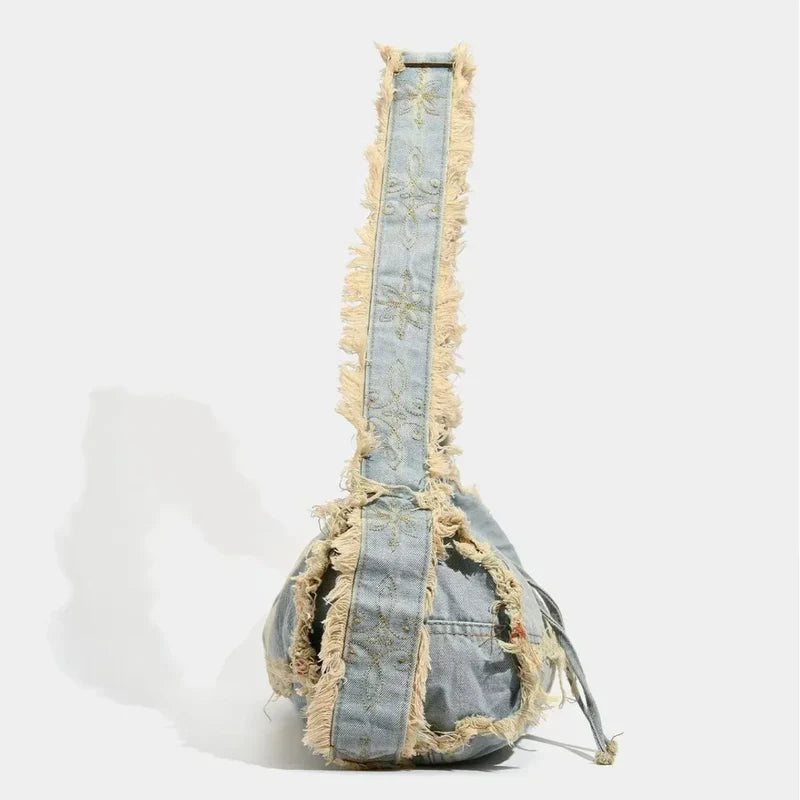 Mermaid Way Fringe Baguette Denim Shoulder Bag