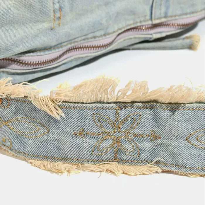 *Fringe Baguette Denim Shoulder Bag
