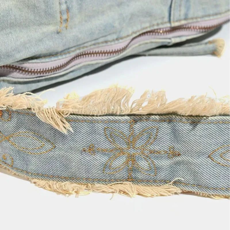 Mermaid Way Fringe Baguette Denim Shoulder Bag