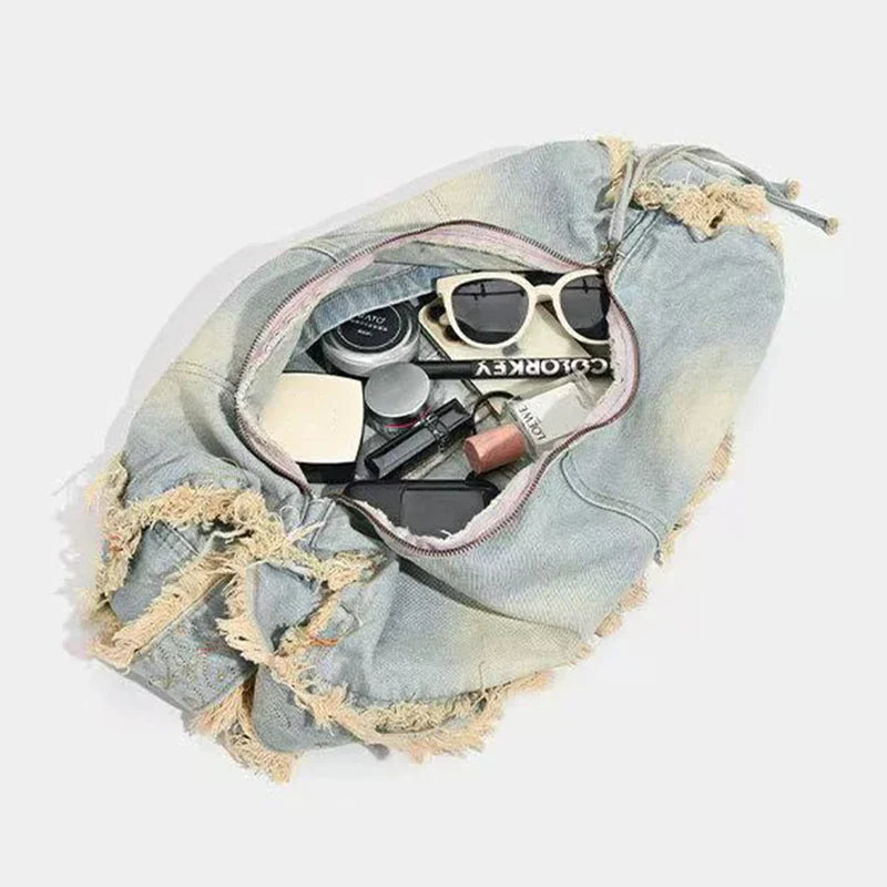 Mermaid Way Fringe Baguette Denim Shoulder Bag