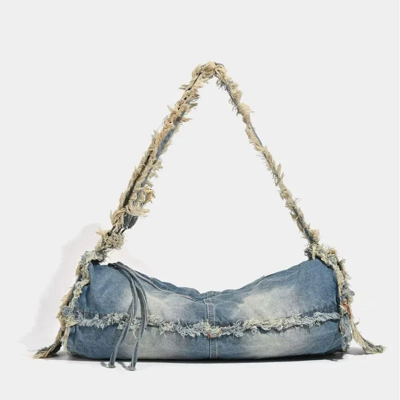 Mermaid Way Fringe Baguette Denim Shoulder Bag