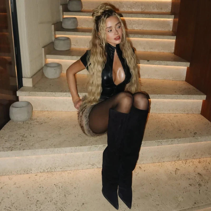 Mermaid Way Say Less Black Faux Leather Sculpted Top