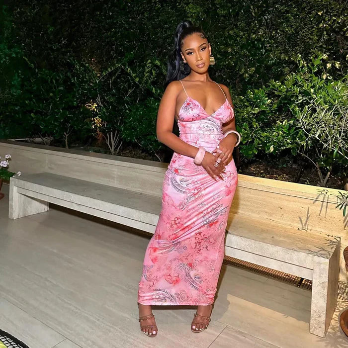 *Girl On The Wings Backless Butterfly Print Maxi Dress