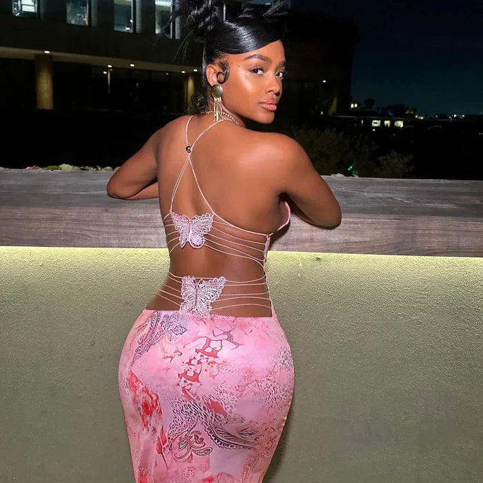 *Girl On The Wings Backless Butterfly Print Maxi Dress