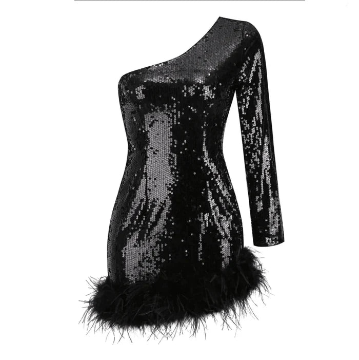*Glitter Whirl One Shoulder Sequin Feather Mini Dress