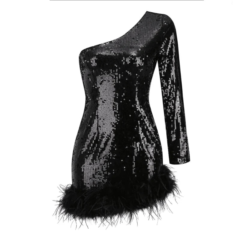 Mermaid Way Glitter Whirl One Shoulder Sequin Feather Mini Dress