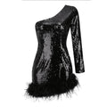 Mermaid Way Glitter Whirl One Shoulder Sequin Feather Mini Dress
