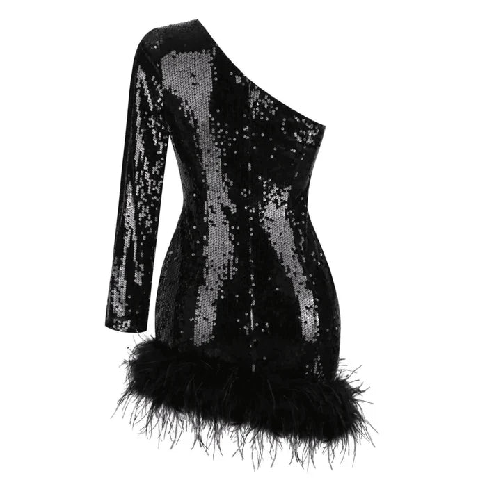 *Glitter Whirl One Shoulder Sequin Feather Mini Dress