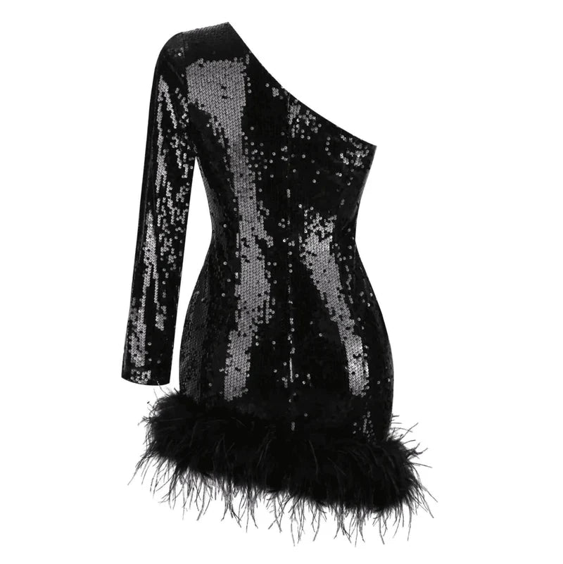 Mermaid Way Glitter Whirl One Shoulder Sequin Feather Mini Dress