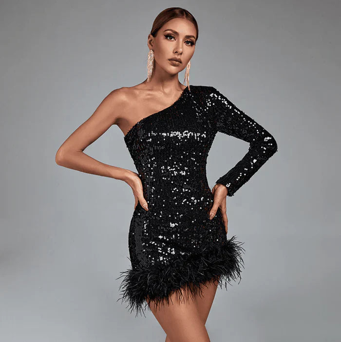 *Glitter Whirl One Shoulder Sequin Feather Mini Dress