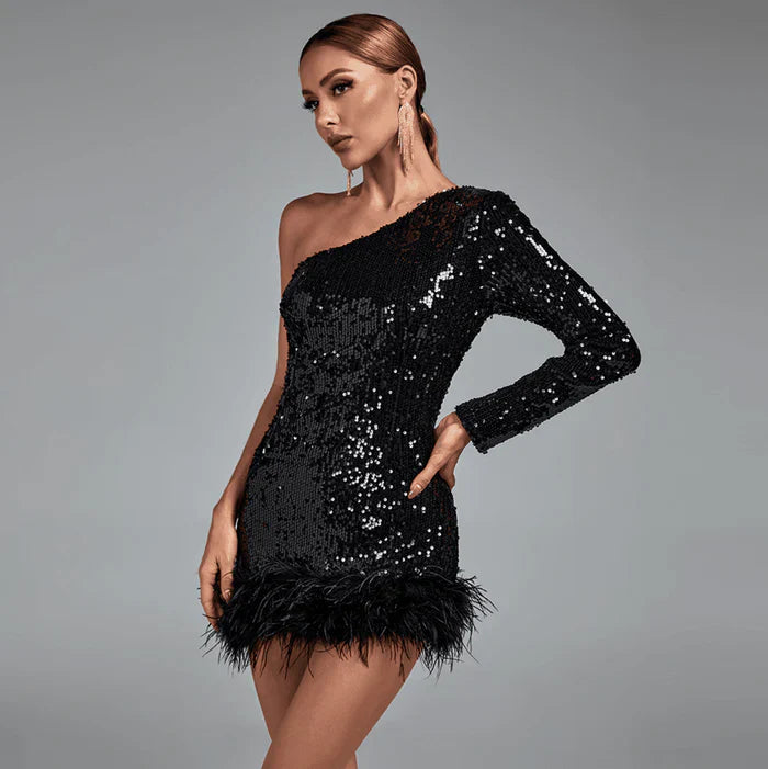 *Glitter Whirl One Shoulder Sequin Feather Mini Dress