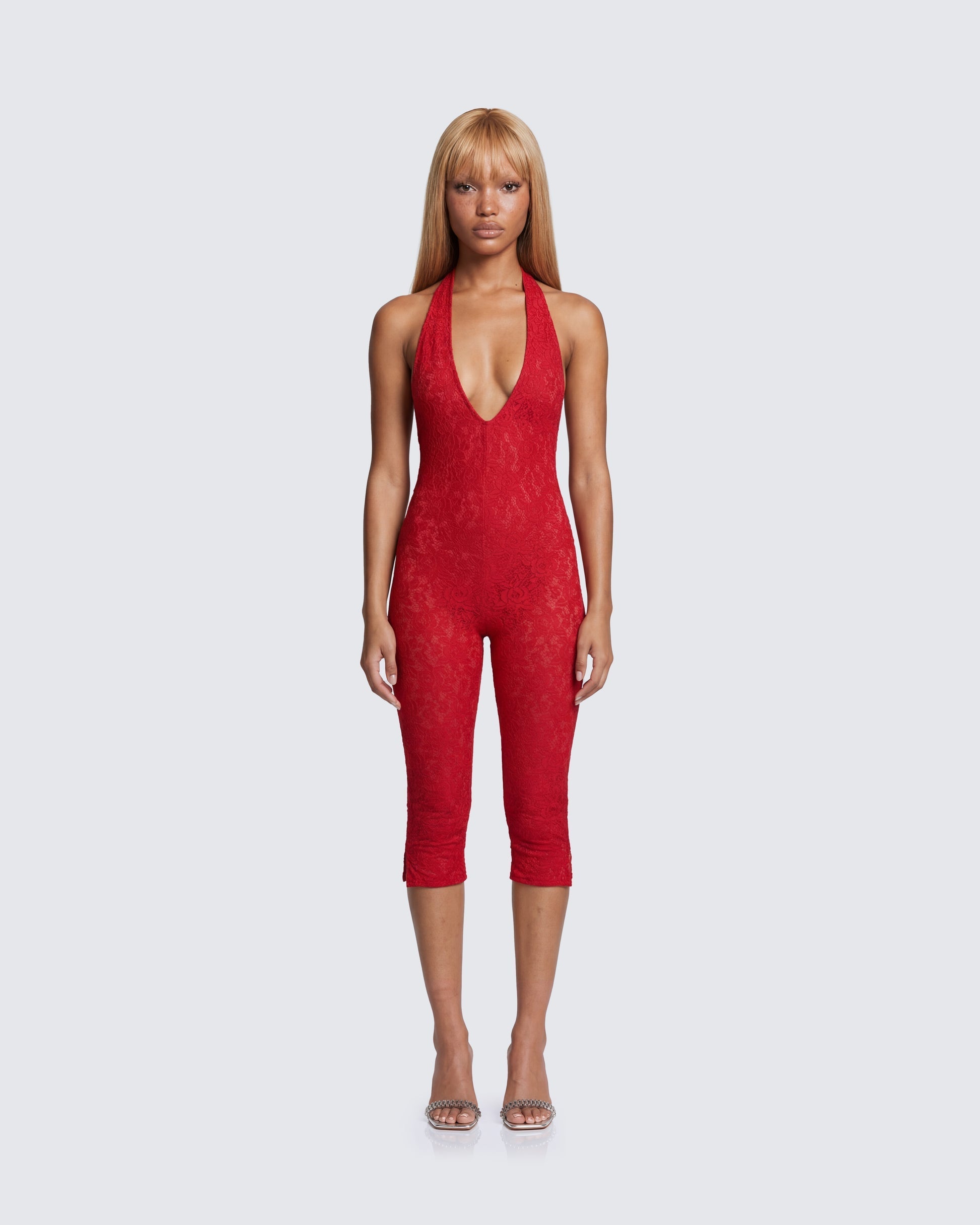 Finesse Isabel Red Lace Capri Jumpsuit