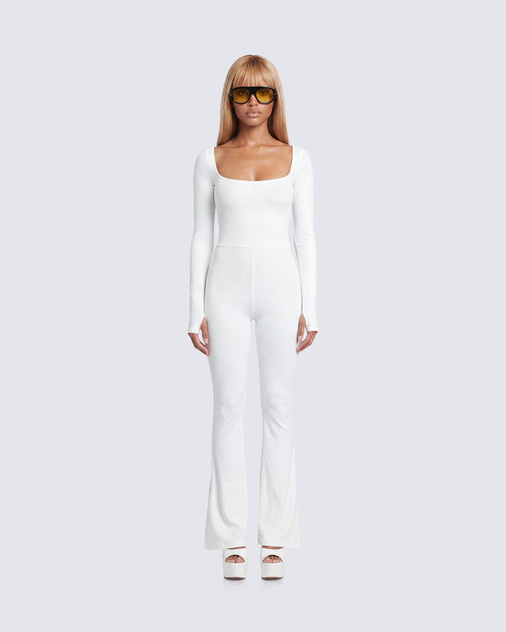 Finesse Lirien Ivory Rib Kick Floor Flare Jumpsuit