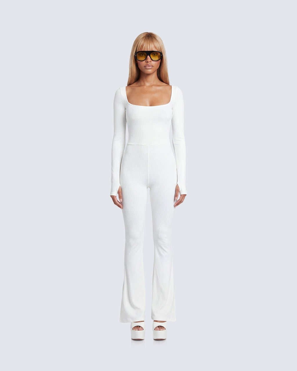 Finesse Lirien Ivory Rib Kick Floor Flare Jumpsuit