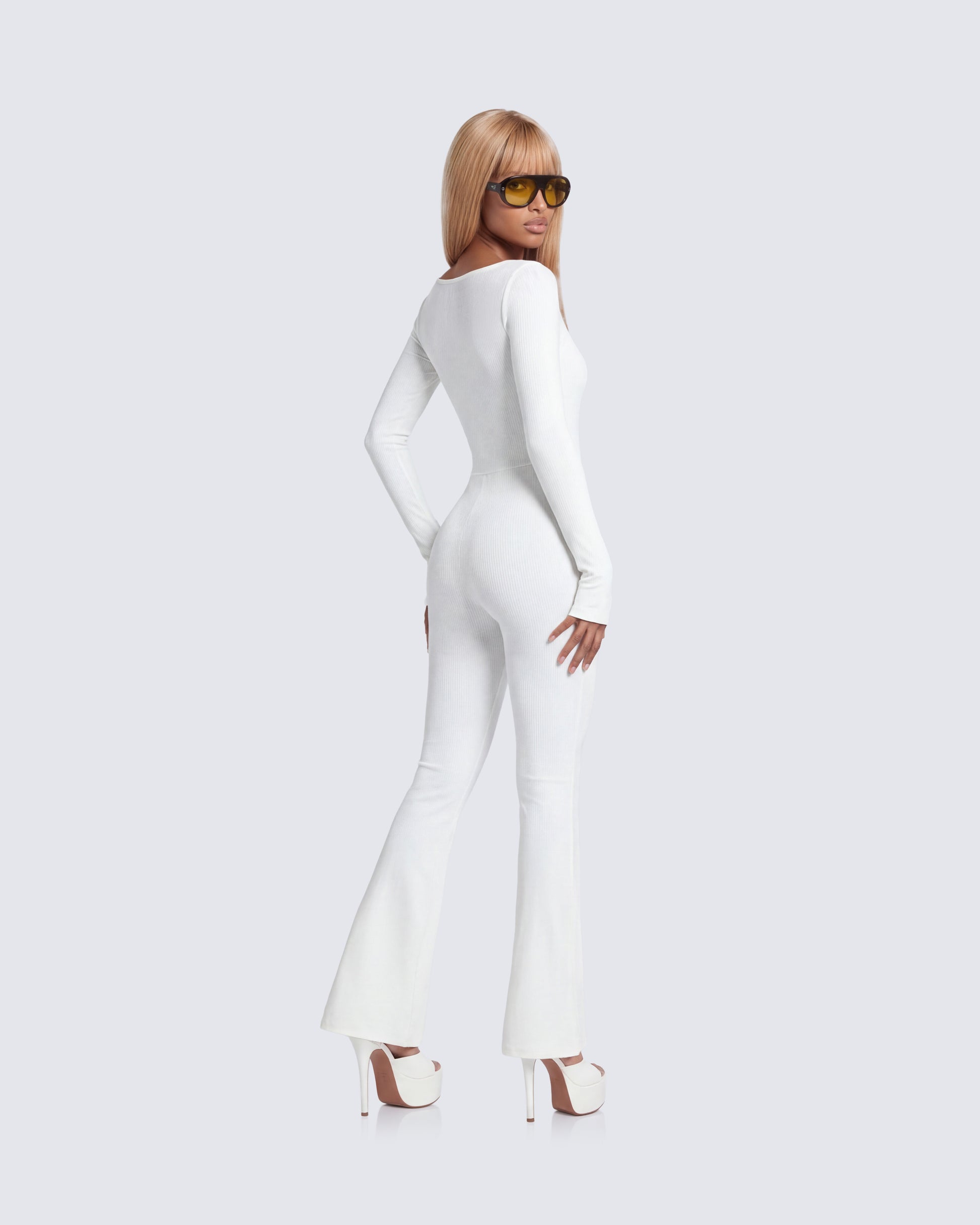 Finesse Lirien Ivory Rib Kick Floor Flare Jumpsuit