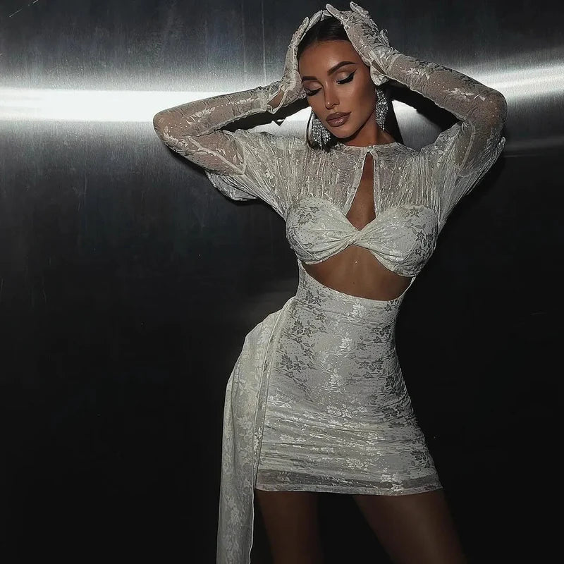 Mermaid Way I Am A Poisonous Draped White Mini Dress with Gloves