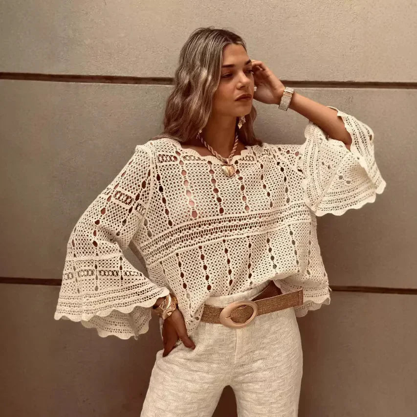 Nabalu Myrelle | Women’s Crochet Lace Bell Sleeve Blouse