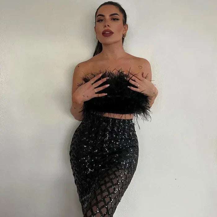 *Invitation Only Feather Sequins Two Piece Set