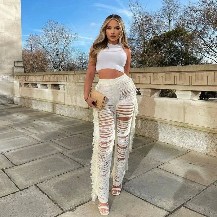 *Jada White Ripped Tassel Straight Pants