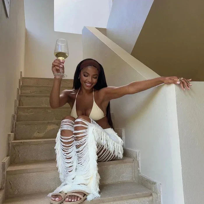 *Jada White Ripped Tassel Straight Pants