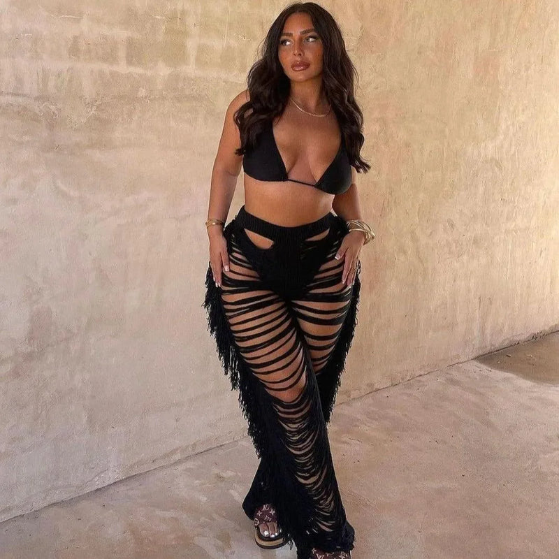 Mermaid Way Jada Ripped Tassel Straight Pants