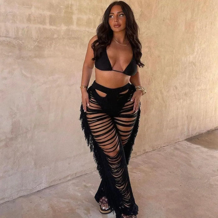 *Jada White Ripped Tassel Straight Pants