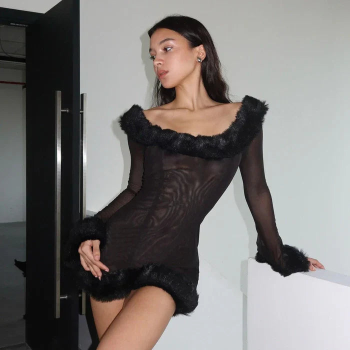 *Just Be Friends Fur Trimmed Mesh Mini Dress