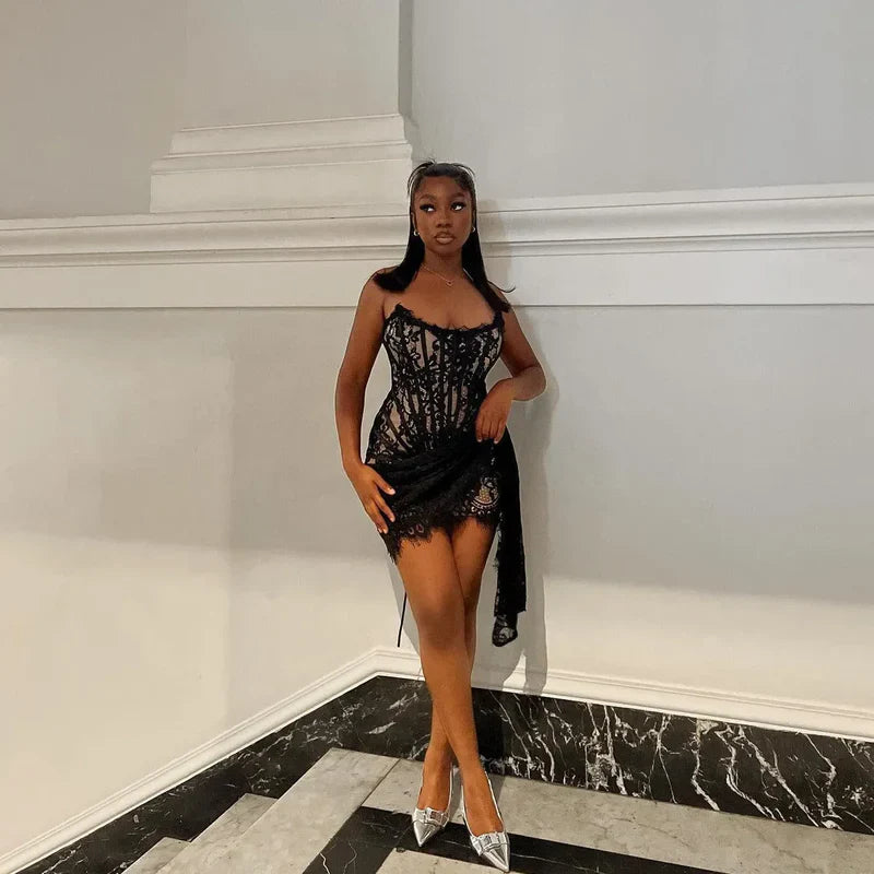 Mermaid Way Lace Lure Corset Draped Mini Dress