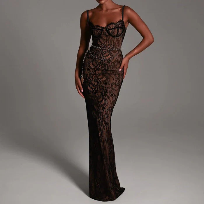 Mermaid Way Lovely Lace Backless Black Maxi Dress