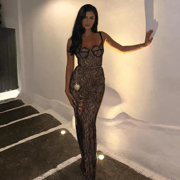 Mermaid Way Lovely Lace Backless Black Maxi Dress