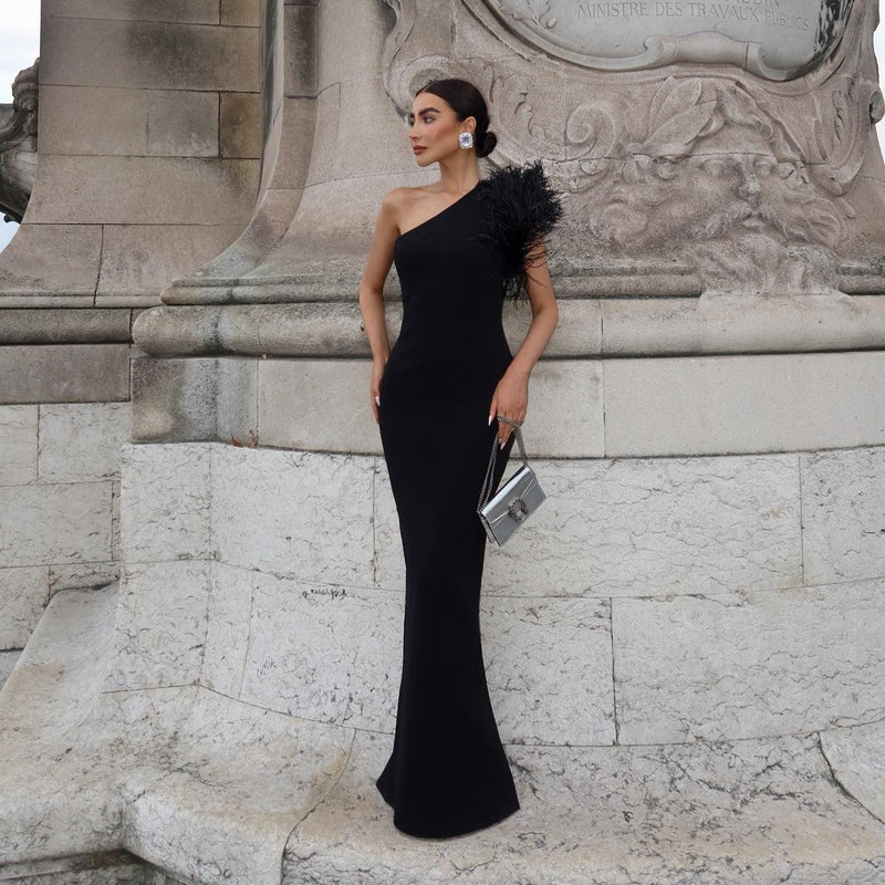 Mermaid Way Mademoiselle Elegant One Shoulder Feather Maxi Dress