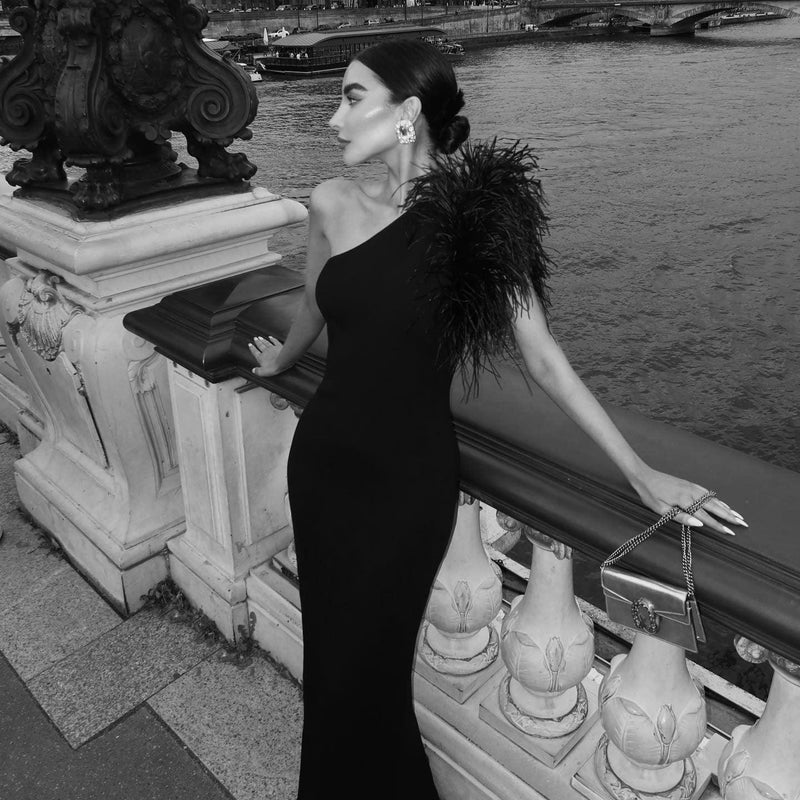 Mermaid Way Mademoiselle Elegant One Shoulder Feather Maxi Dress
