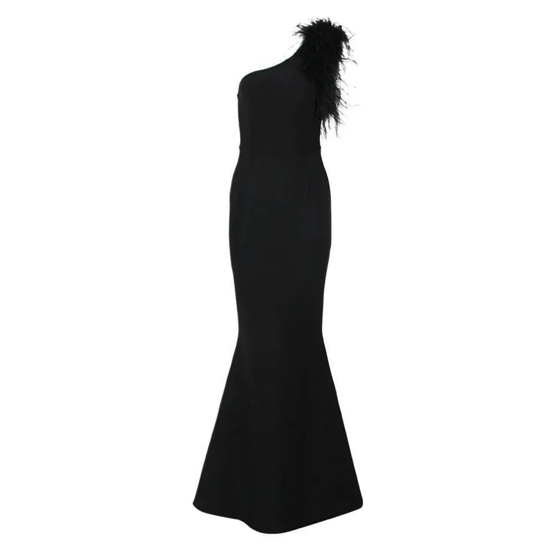 Mermaid Way Mademoiselle Elegant One Shoulder Feather Maxi Dress