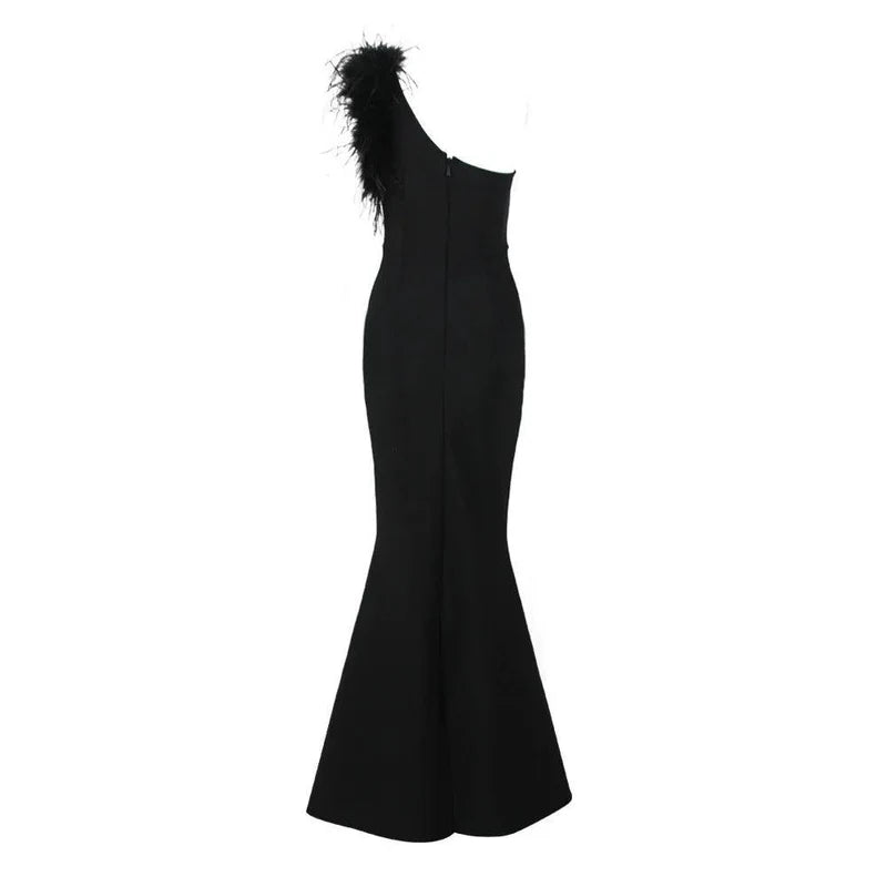 Mermaid Way Mademoiselle Elegant One Shoulder Feather Maxi Dress