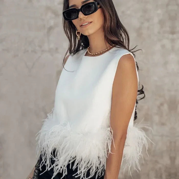 *Maisy White Feather Trim Top