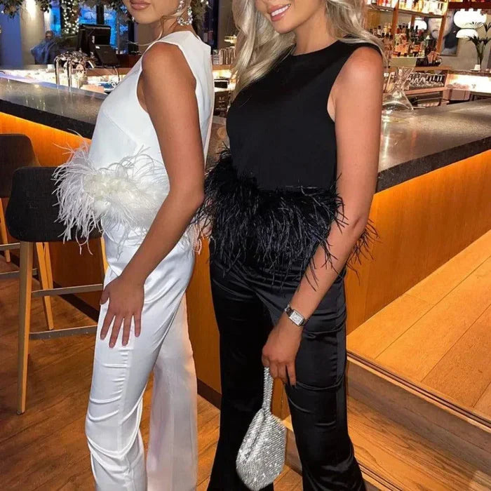 *Maisy White Feather Trim Top