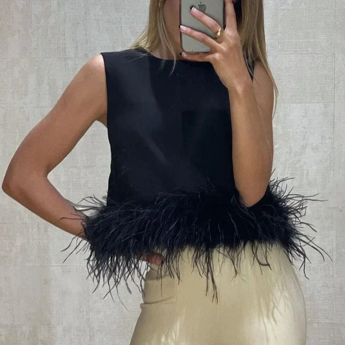 *Maisy White Feather Trim Top