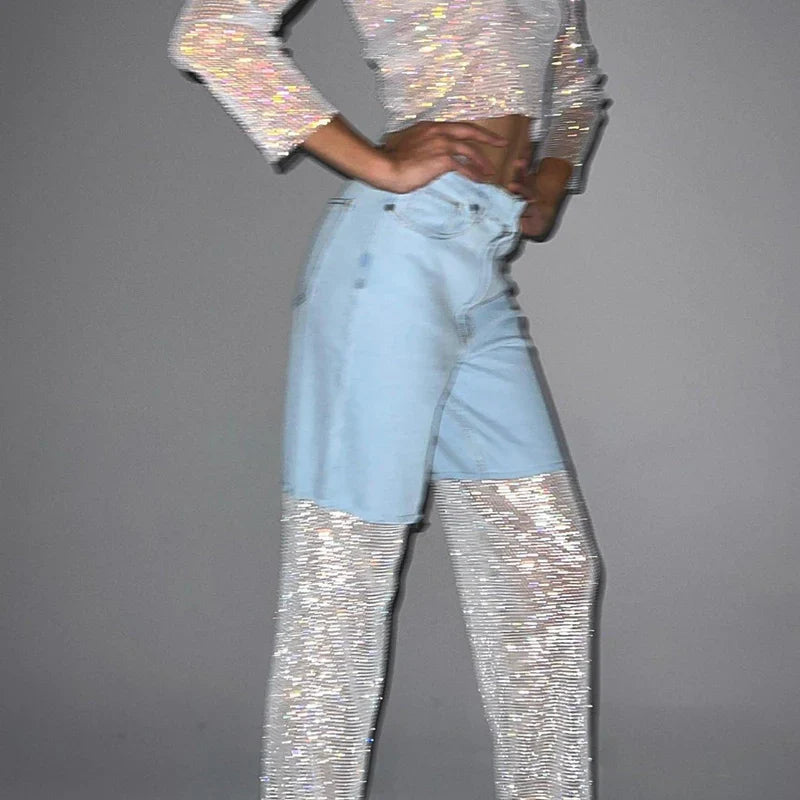 Mermaid Way Night Moves Light Blue Diamond Mesh Jeans