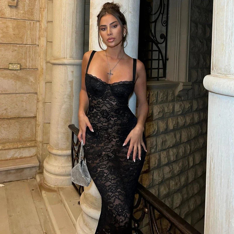 Mermaid Way Oh My Lace Sheer Black Maxi Dress