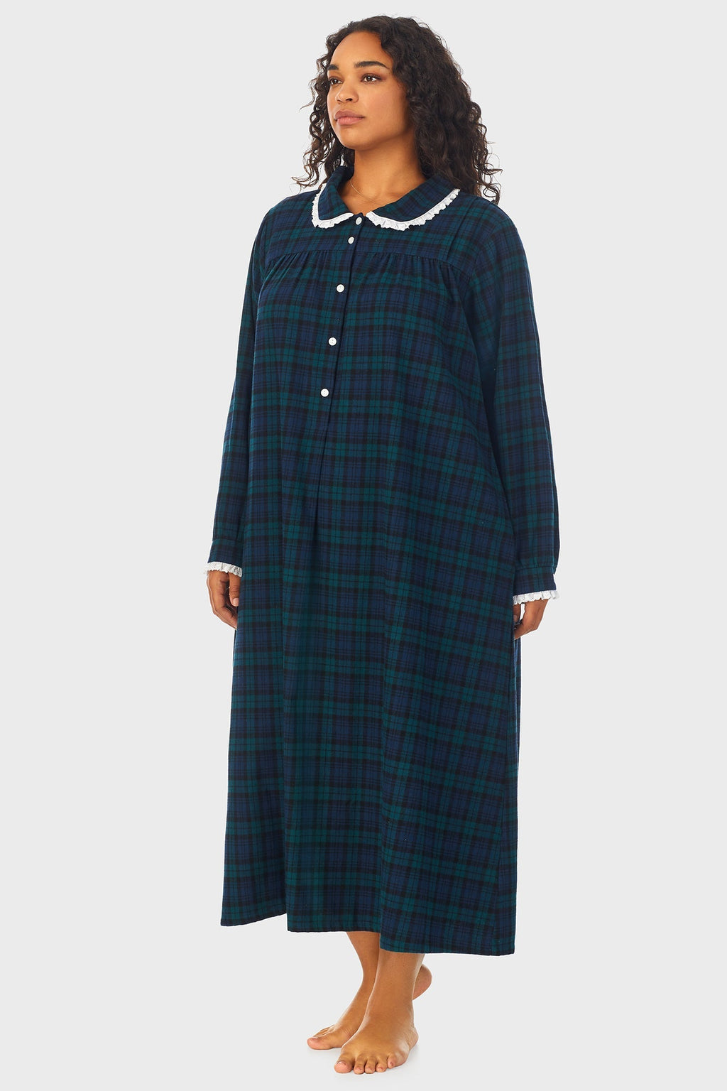 Lanz of Salzburg Women's Black Watch Peterpan Flannel Gown Plus