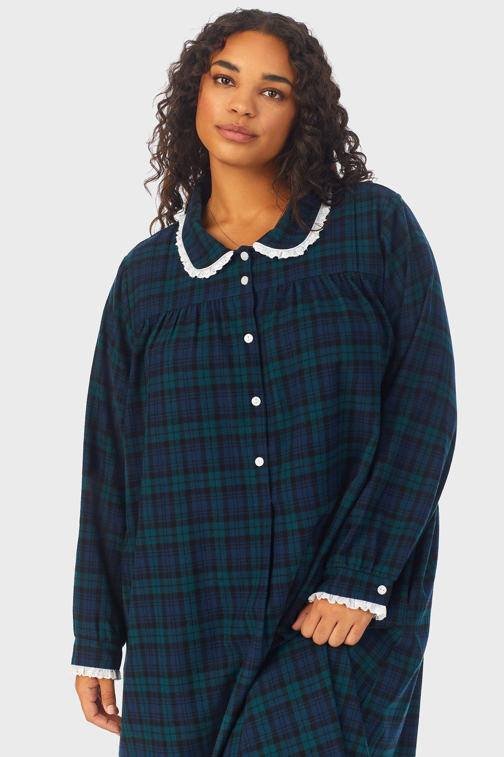Lanz of Salzburg Women's Black Watch Peterpan Flannel Gown Plus