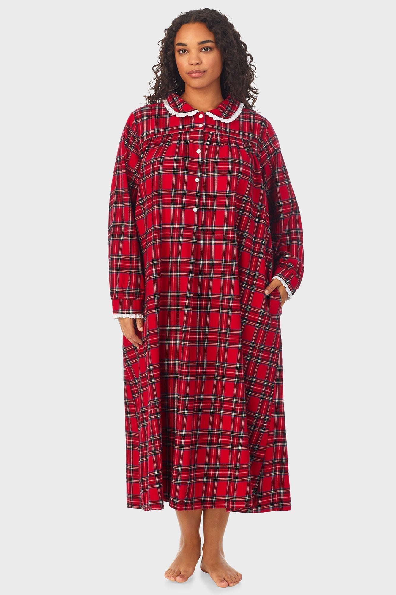 Lanz of Salzburg Women's Red Tartan Peter Pan Flannel Gown Plus